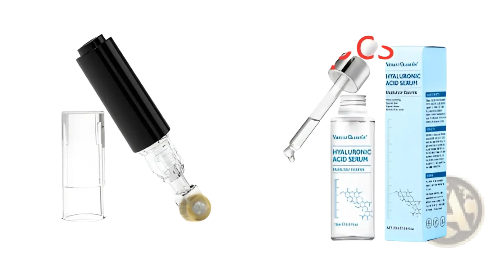 The microneedle lip roller and serum applicator device features a black and clear glass rollerball with a gold-colored ball and clear cap