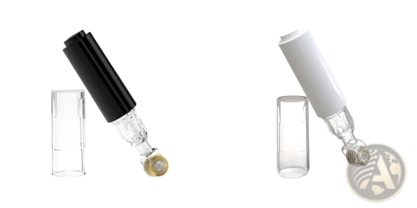 Black and white microneedle lip roller pens with 0.25mm titanium needle tips and clear cylindrical storage cases