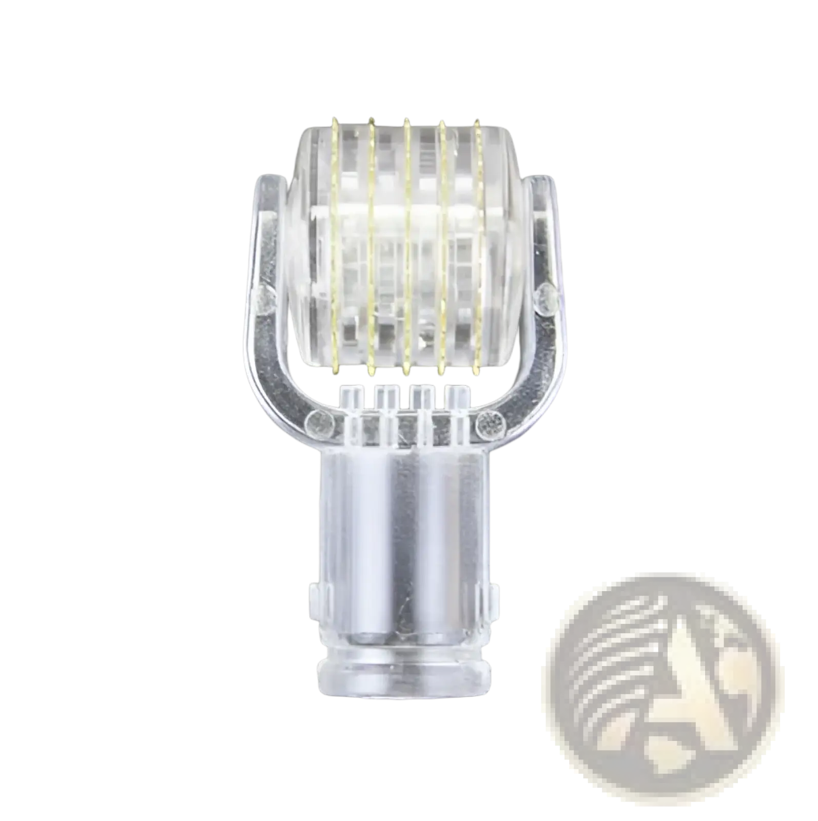 Clear plastic microneedle lip roller with fine yellow-tipped needles for serum application and lip care