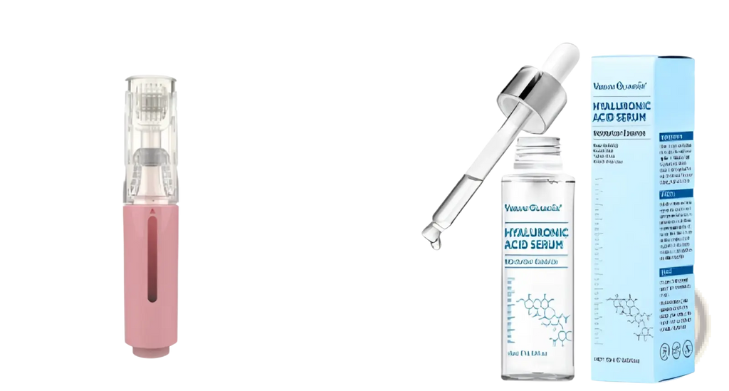 Pink handheld microneedle lip roller and serum applicator device with transparent treatment head and 0.25mm needle array