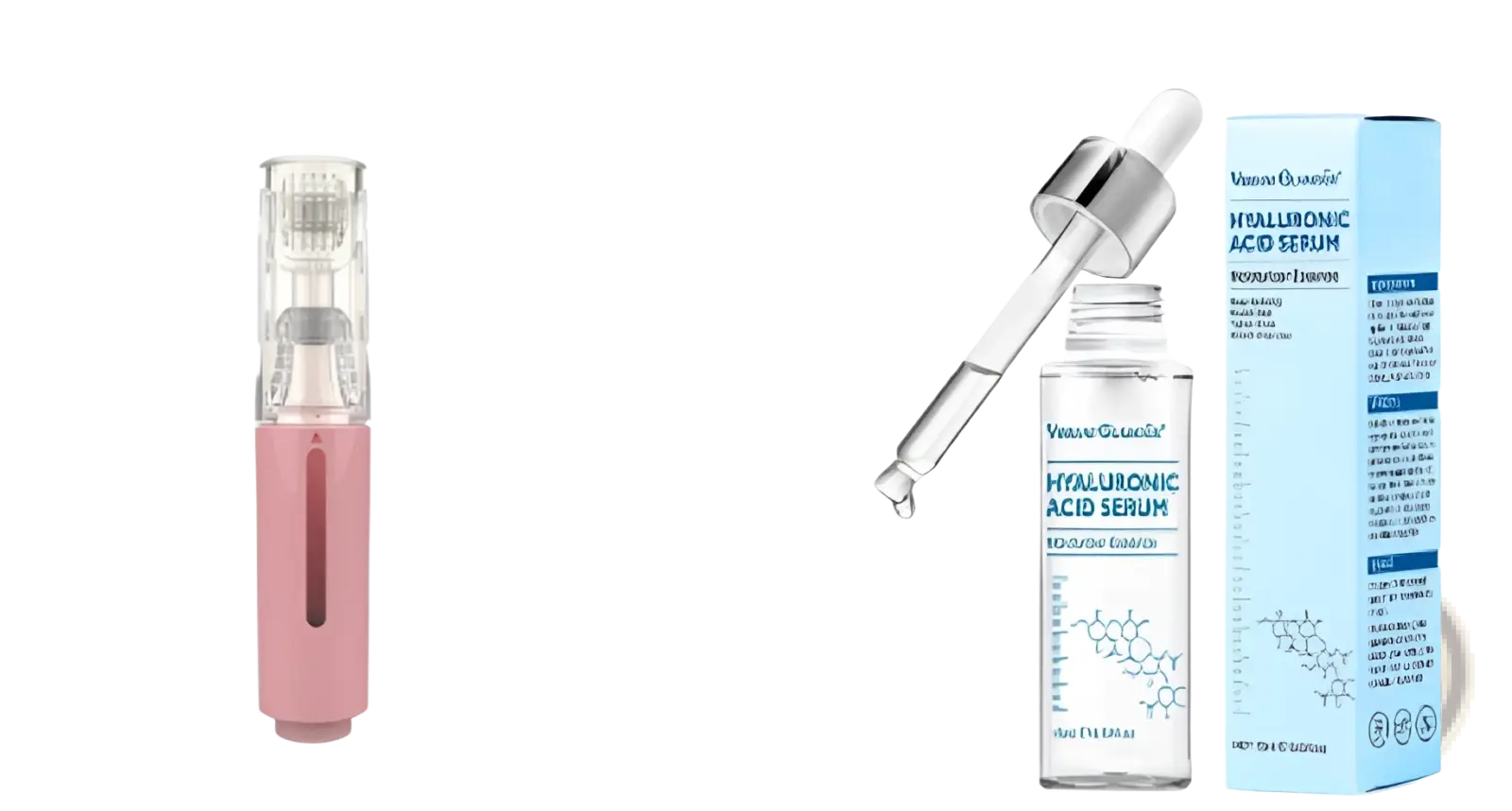 Pink handheld microneedle lip roller and serum applicator device with transparent treatment head and 0.25mm needle array