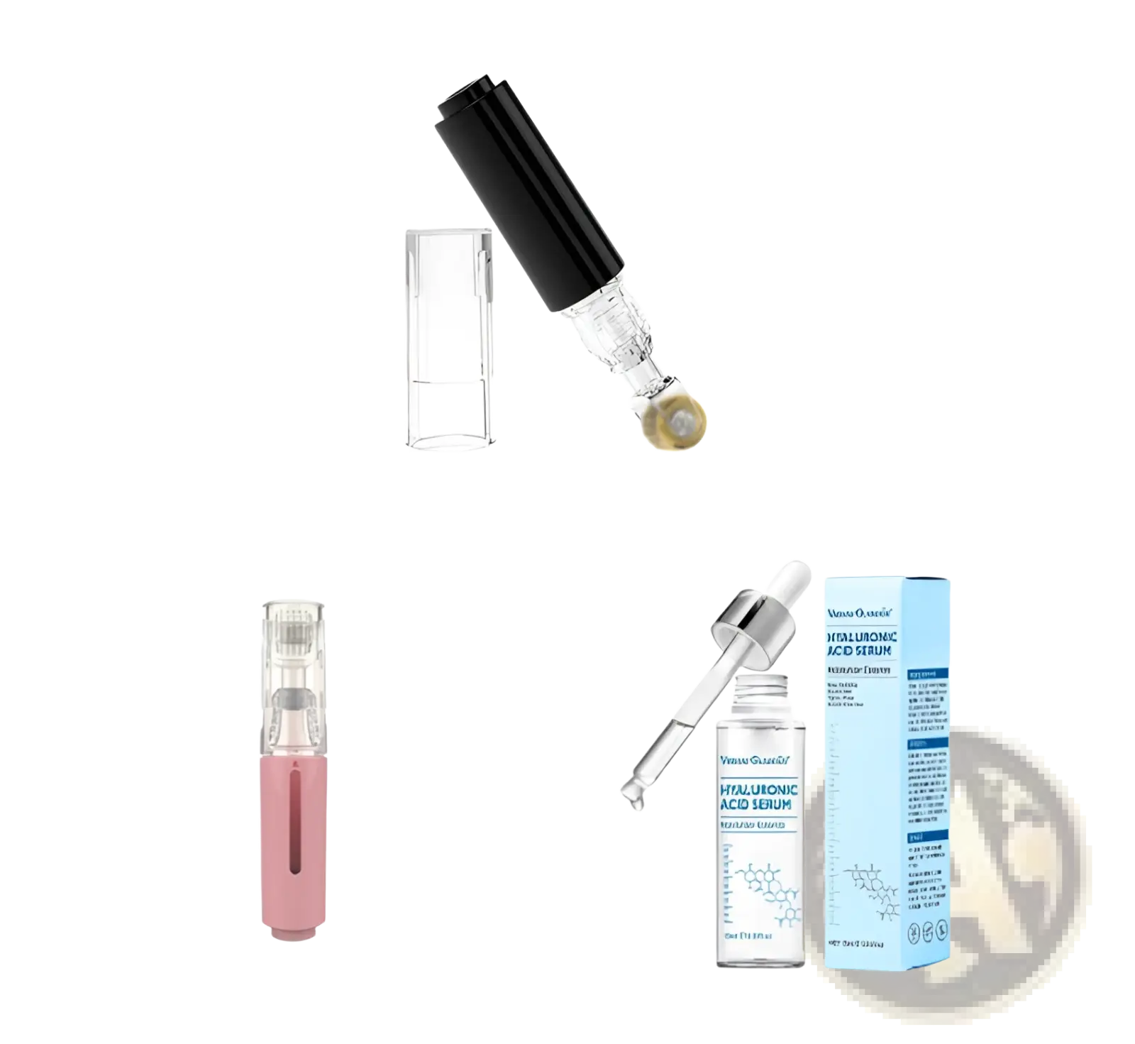 Microneedle lip roller and serum applicator device with pink and clear hyaluronic acid serum and 0.25mm needle tip