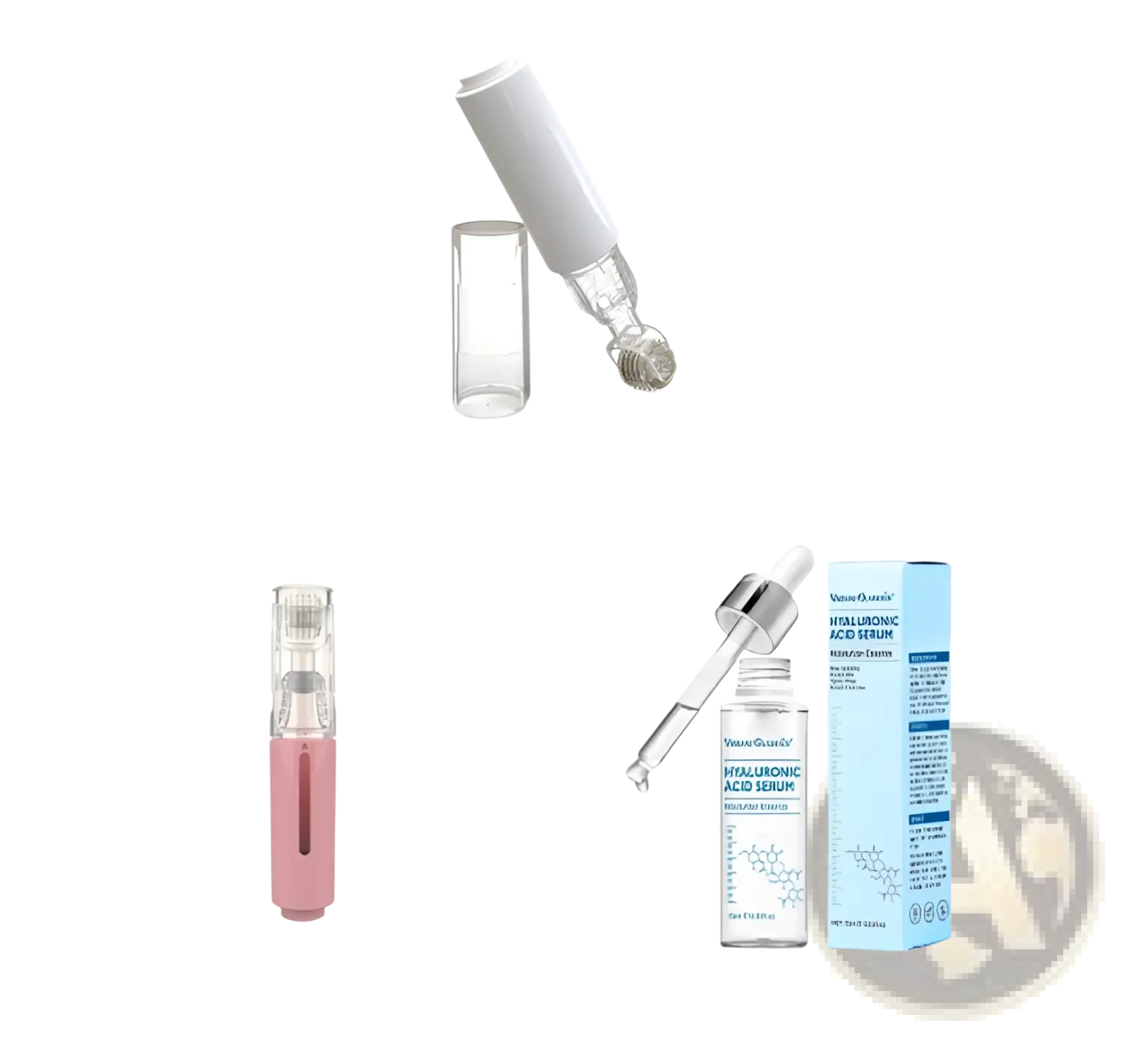 Pink and clear microneedle lip roller with 0.25mm needle head for serum application and skin care treatment