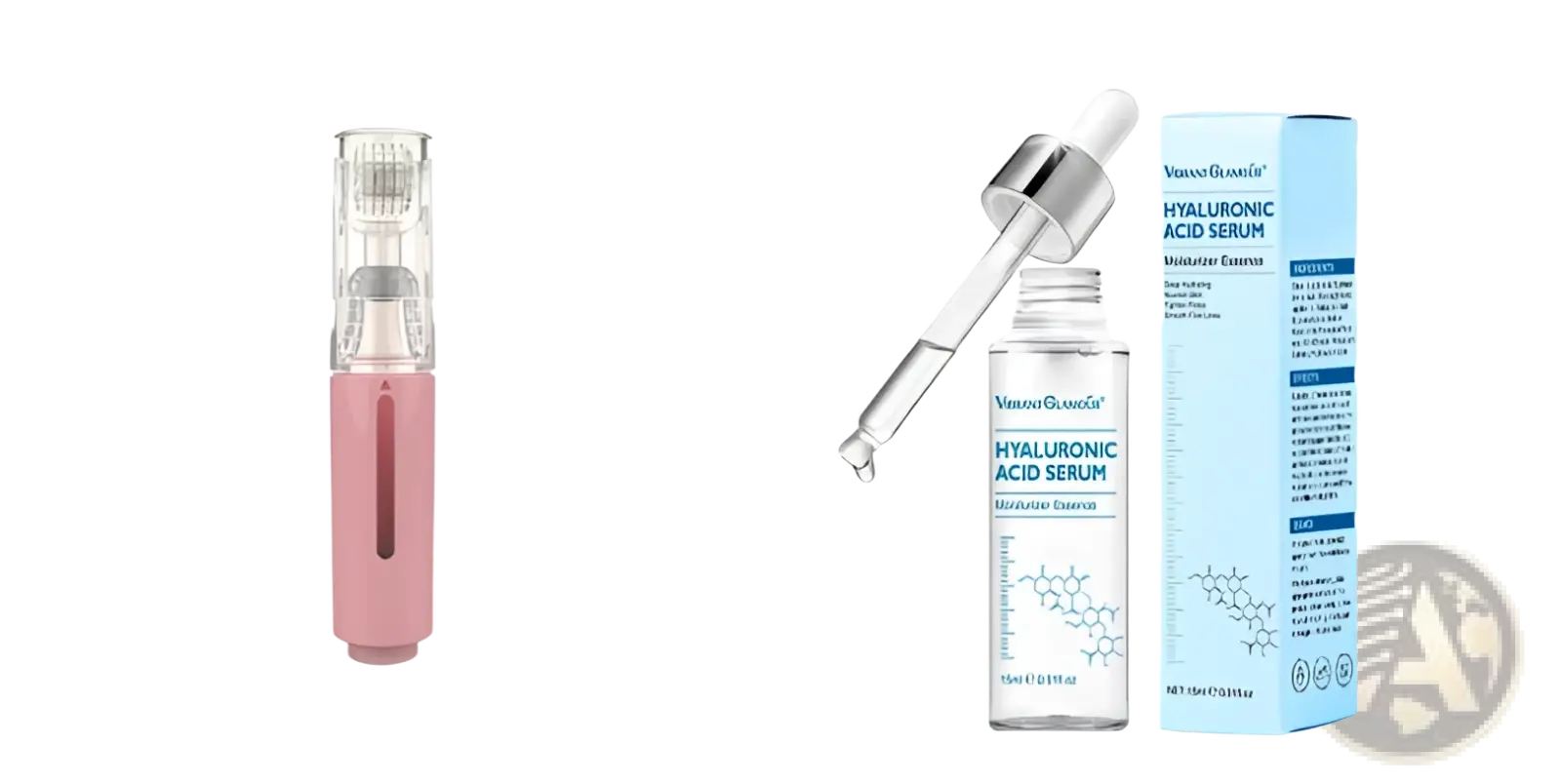 Pink microneedle lip roller with transparent top and silver dropper beside clear hyaluronic acid serum in blue packaging