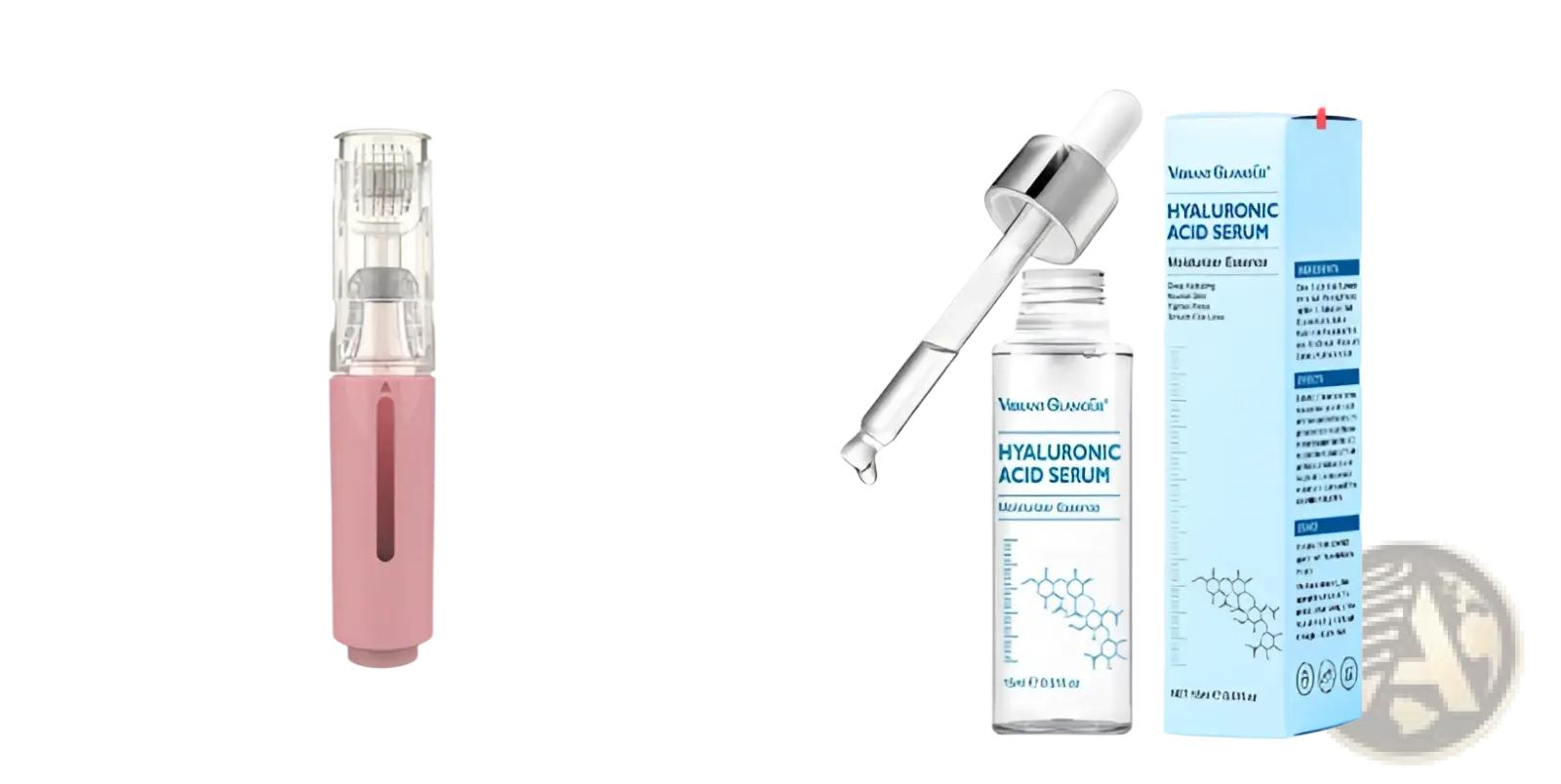 Pink handheld microneedle lip roller with clear treatment head and silver dropper serum in glass bottle beside blue box