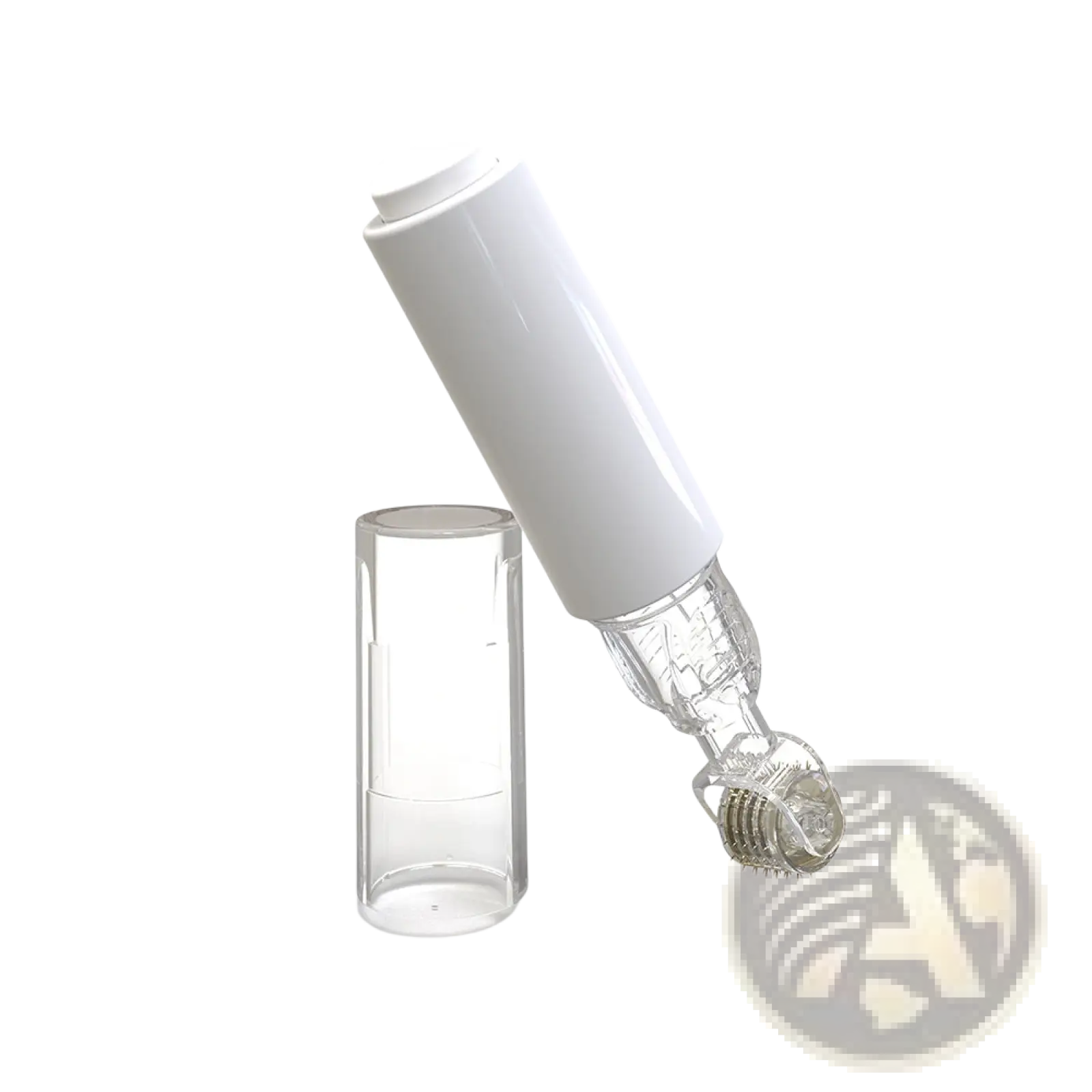 White cylindrical microneedle lip roller with transparent handle and metallic head for serum application device