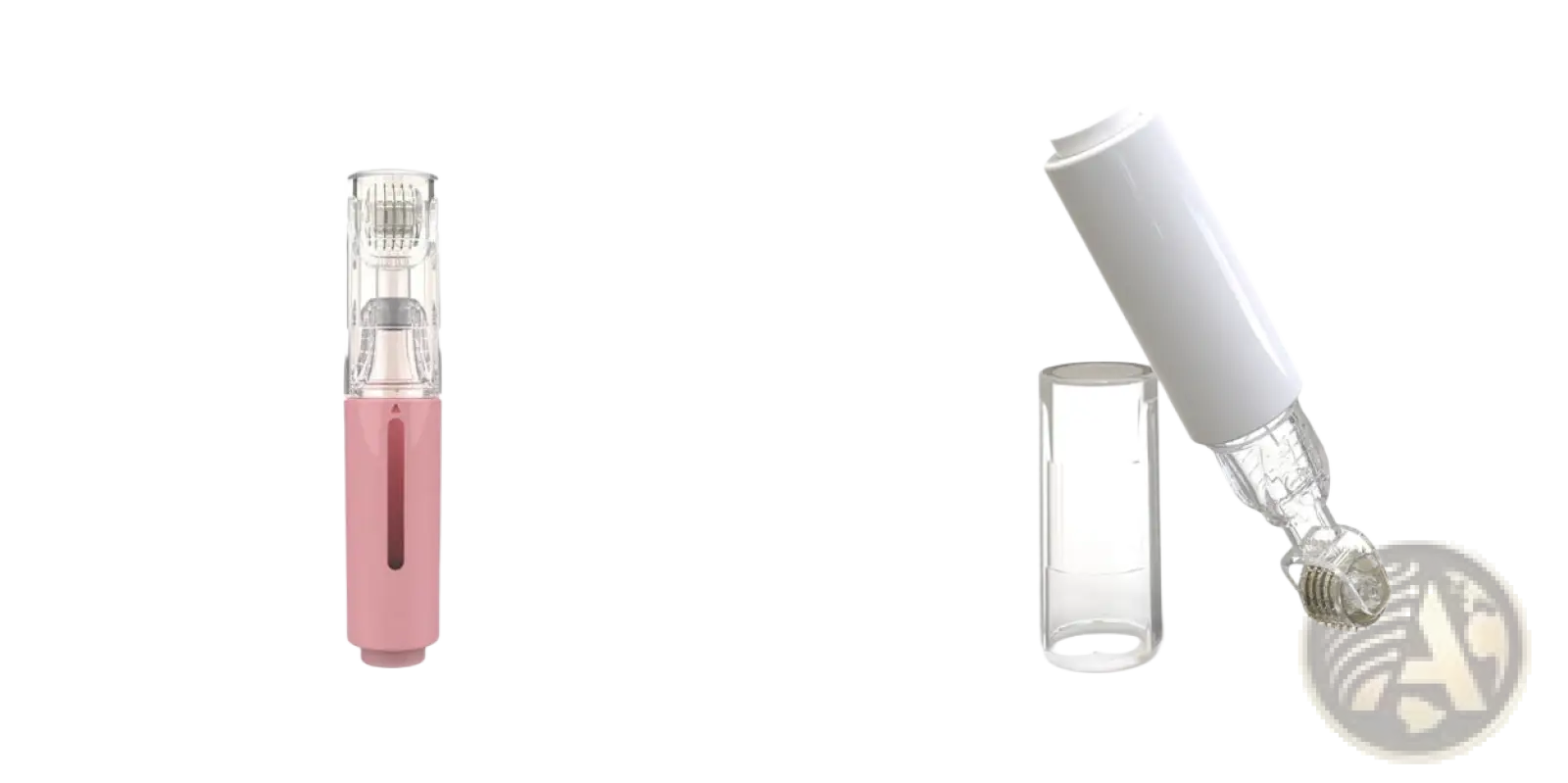 Pink and clear handheld microneedle lip roller and serum applicator device with 0.25mm precision tip for skincare