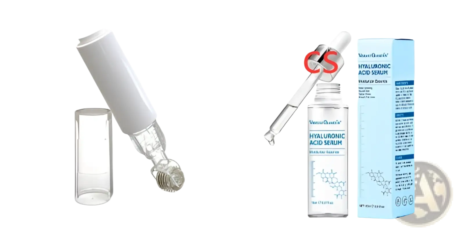 White cylindrical microneedle lip roller with clear glass cap and silver metallic ballpoint tip for serum application