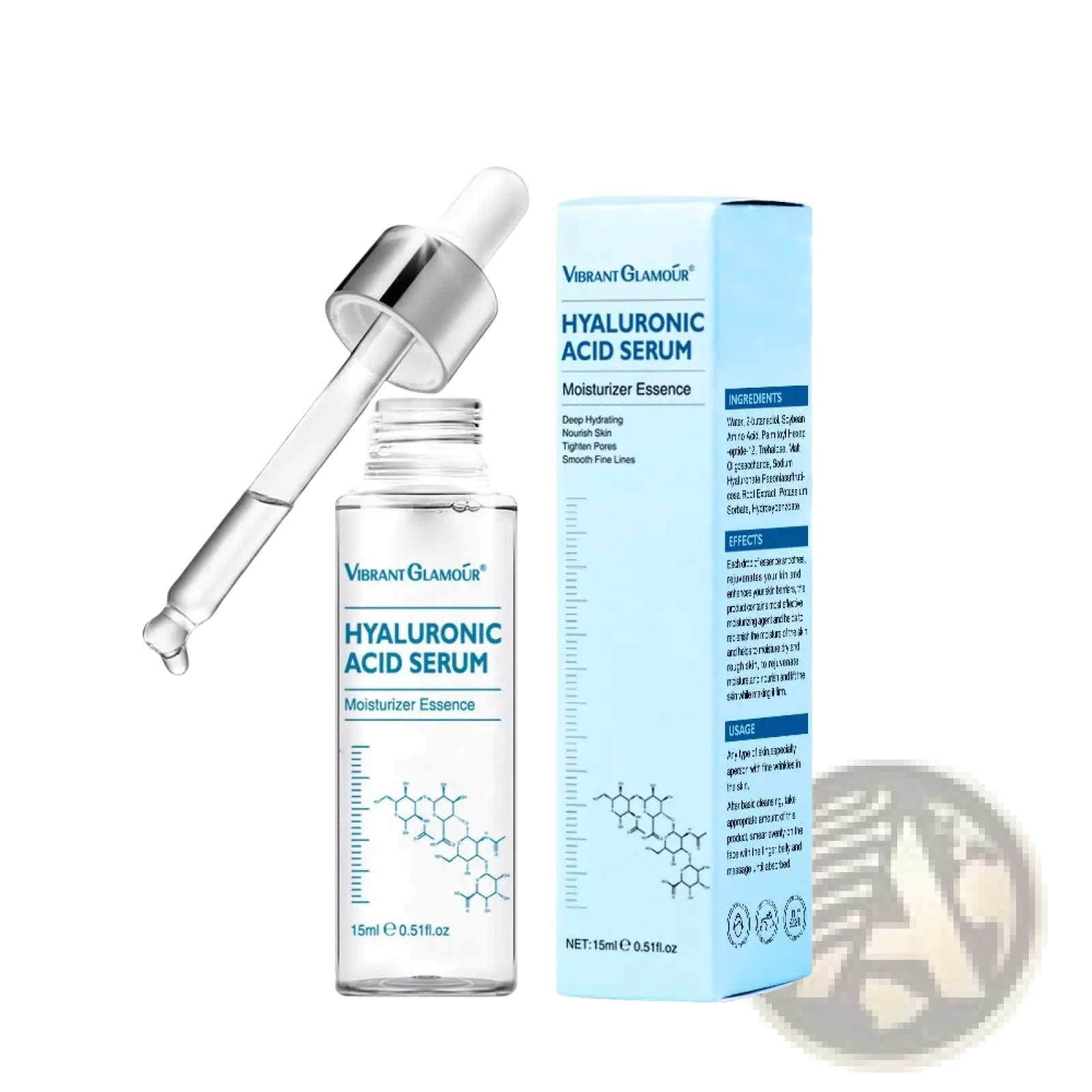 Clear glass bottle of vibrant glamour hyaluronic acid serum with silver dropper and light blue packaging for microneedle lip roller and serum applicator device