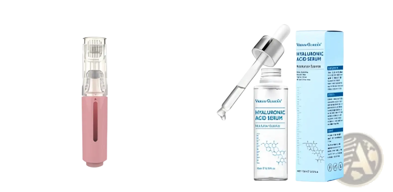 Pink handheld microneedle lip roller with clear glass top and silver hyaluronic acid serum bottle beside blue packaging