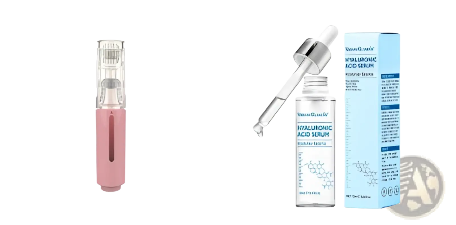 Pink microneedle lip roller and serum applicator device with clear top and silver accents for facial cleansing use