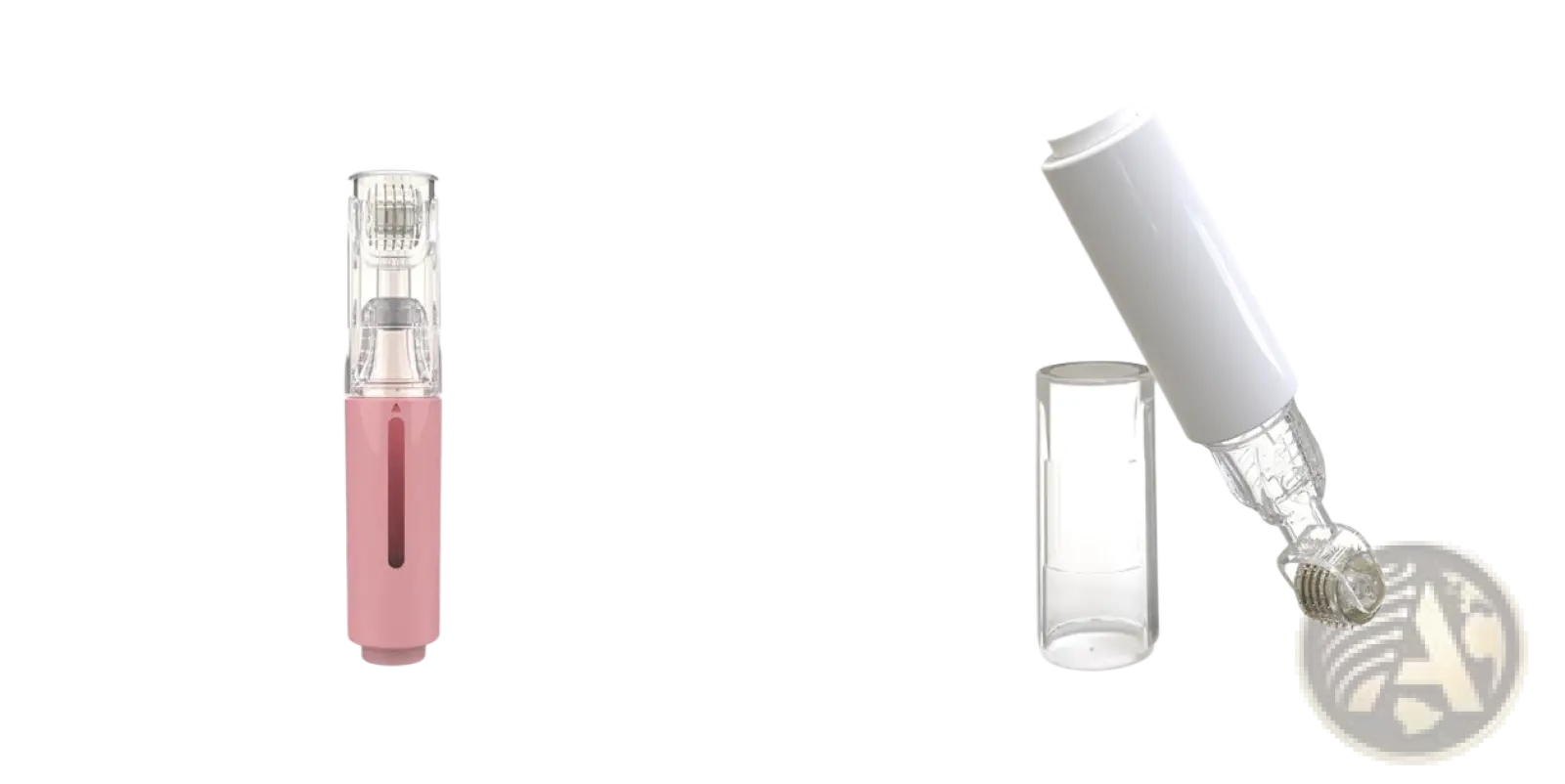Pink and clear microneedle lip roller pen with 0.5mm needle tips for serum application and skincare use