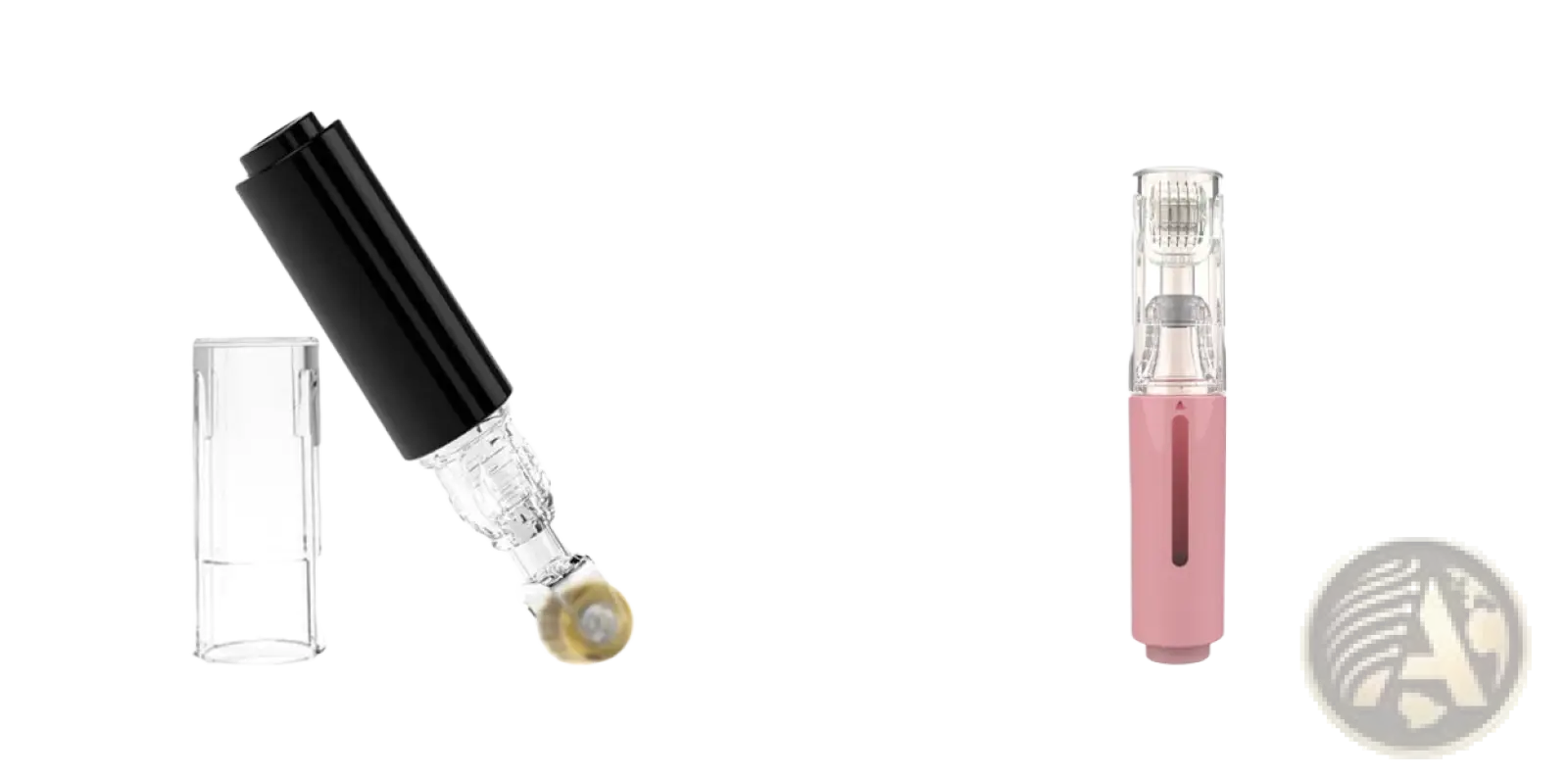 Microneedle lip roller and serum applicator device with pink and clear microdermabrasion roller and black cap