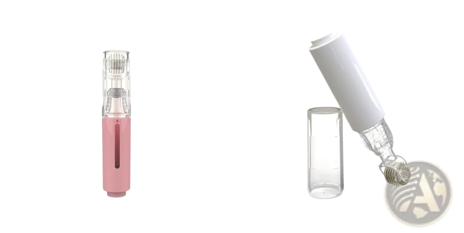 Pink and clear microneedle lip roller and serum applicator device with 1.0mm precision tip for microdermabrasion treatment