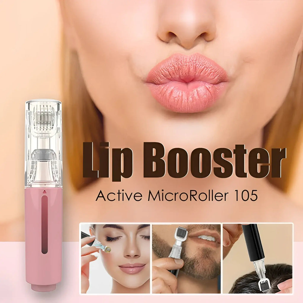 Pink handheld microneedle lip roller and serum applicator device with clear cylindrical top housing micro-needles