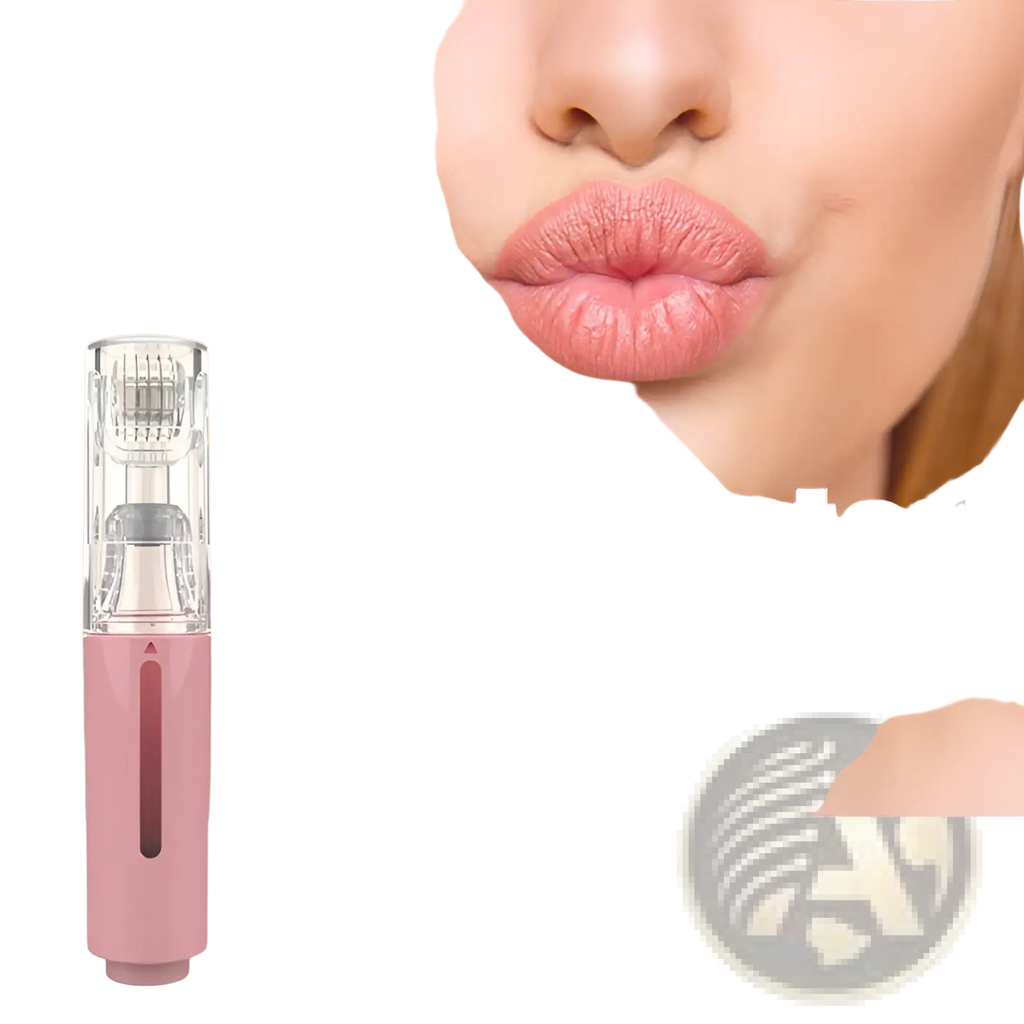 Pink handheld microneedle lip roller and serum applicator device with clear cylindrical head containing micro-needles