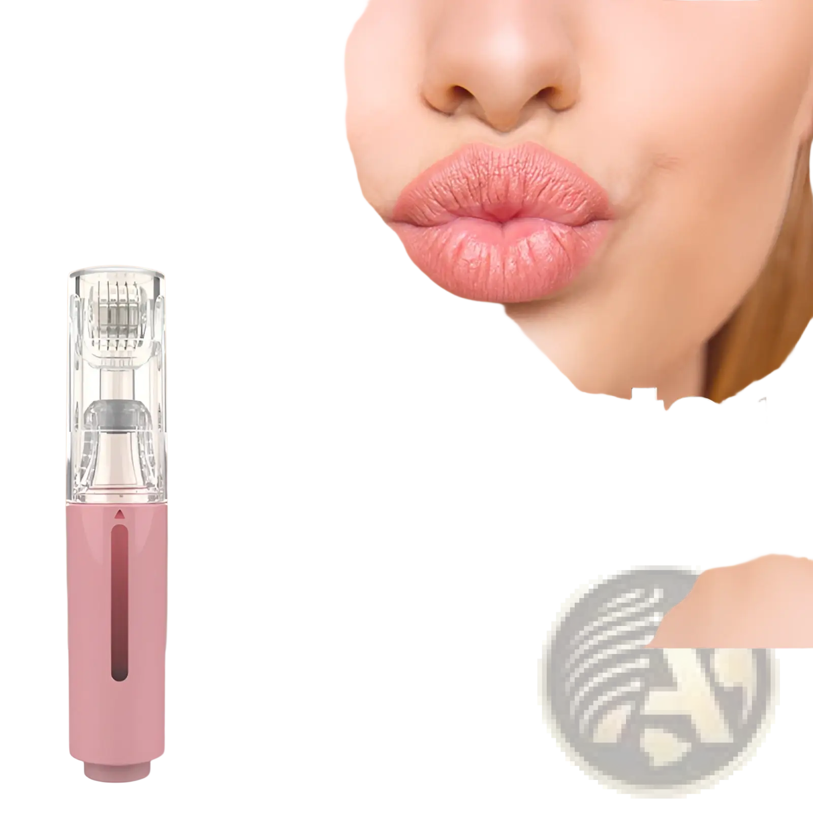Pink handheld microneedle lip roller and serum applicator device with clear cylindrical head containing micro-needles
