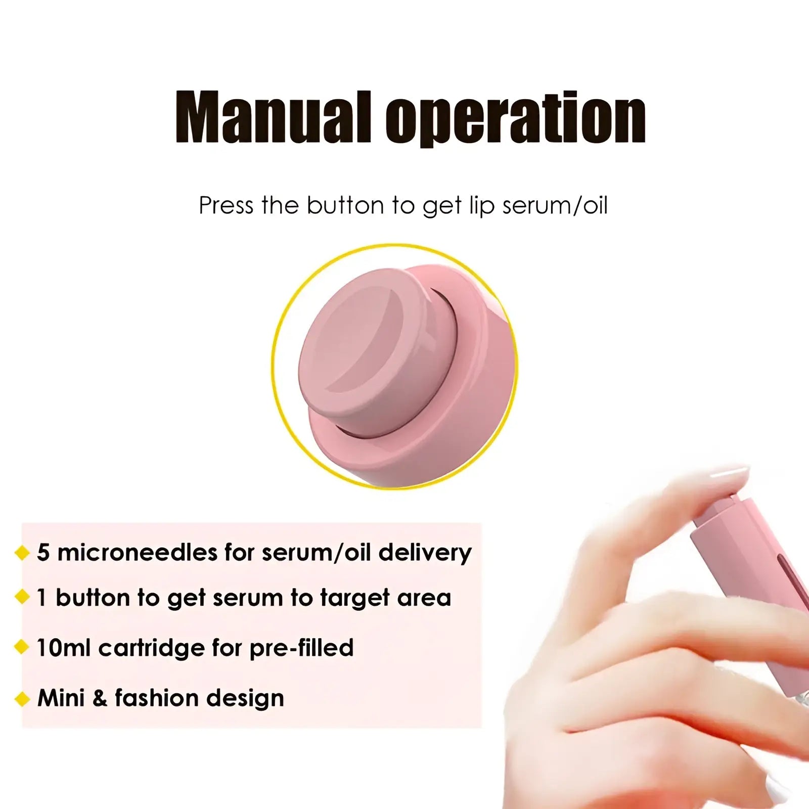Pink handheld microneedle lip roller and serum applicator device with button for precise lip treatment delivery