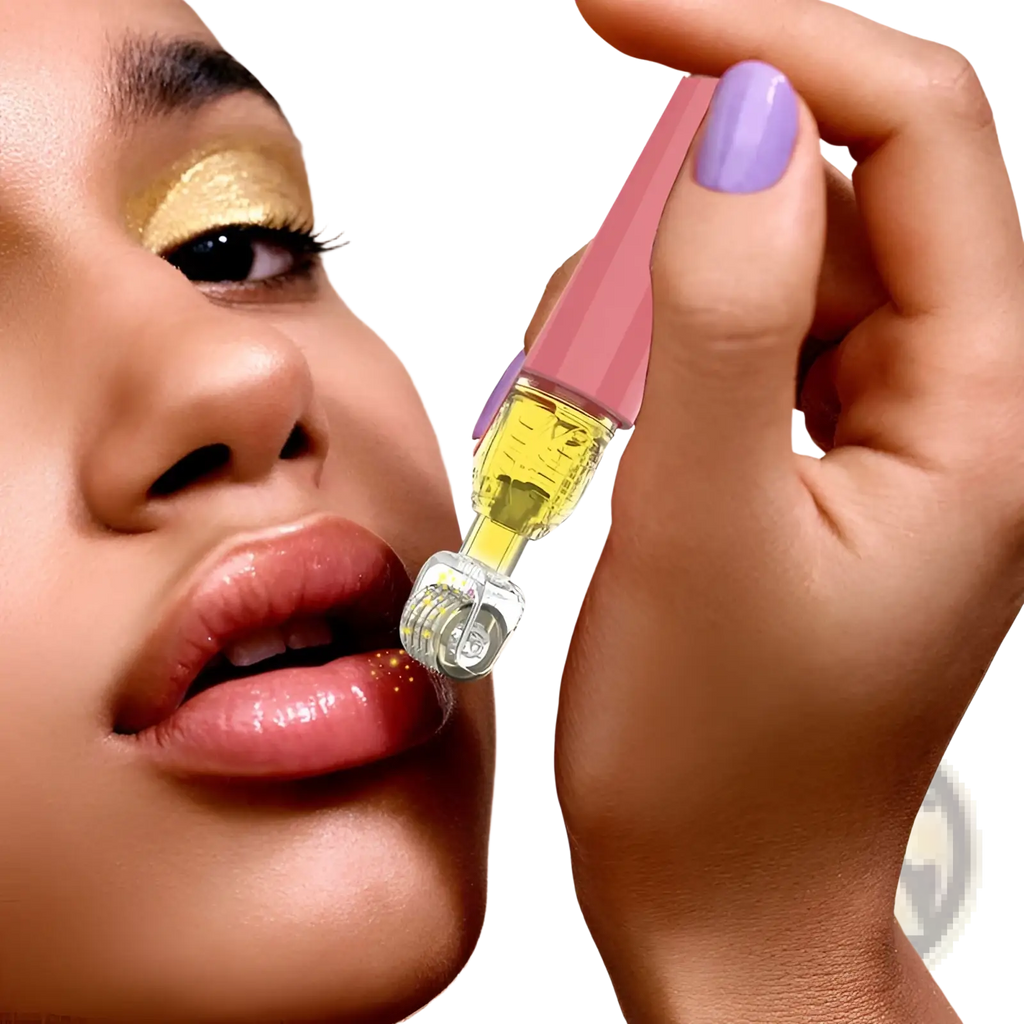 Pink and clear glass microneedle lip roller and serum applicator device with yellow liquid inside for lip care