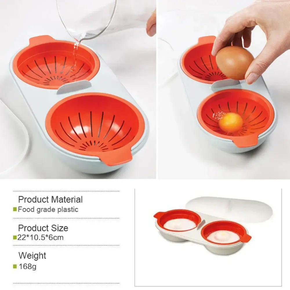 Orange and white two-compartment microwave double cup egg poacher and boiler made of food grade plastic