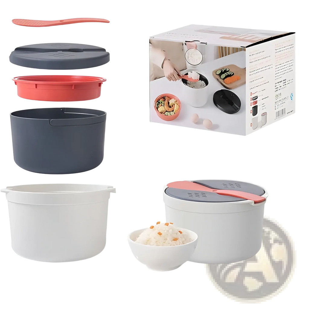 White microwave rice cooker 2l steamer with gray lid and coral-colored strainer spoon included for easy cooking