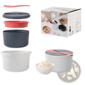 White microwave rice cooker 2l steamer with gray lid and coral-colored strainer spoon included for easy cooking