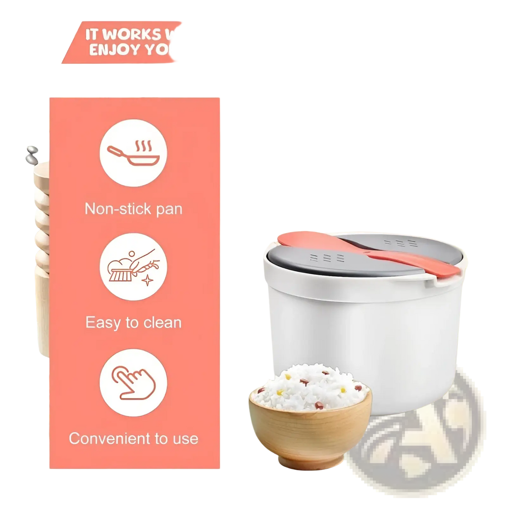 White electric microwave rice cooker 2l steamer with gray lid red handle non-stick pan and strainer spoon for grains