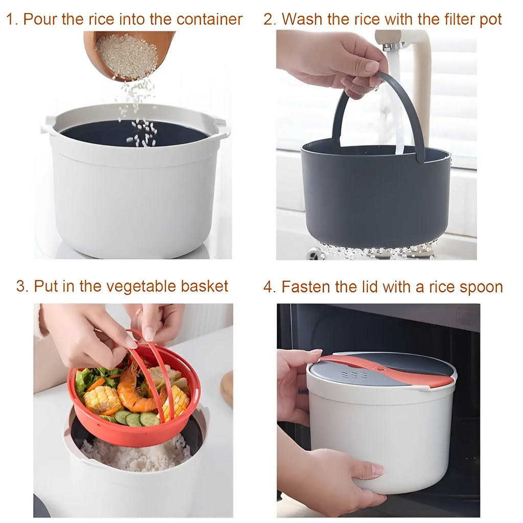 Microwave rice cooker 2l steamer with strainer spoon in white with gray lid and orange handle for convenient cooking