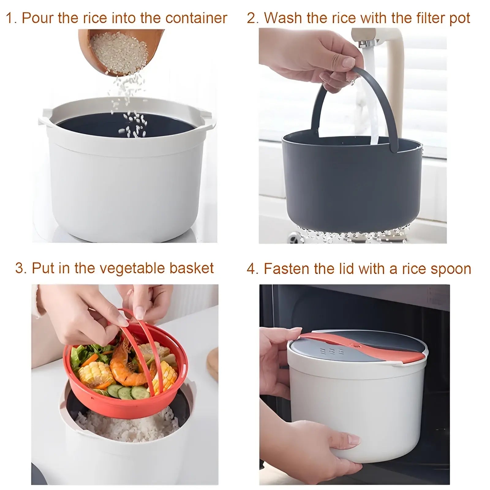 Microwave rice cooker 2l steamer with strainer spoon in white with gray lid and orange handle for convenient cooking