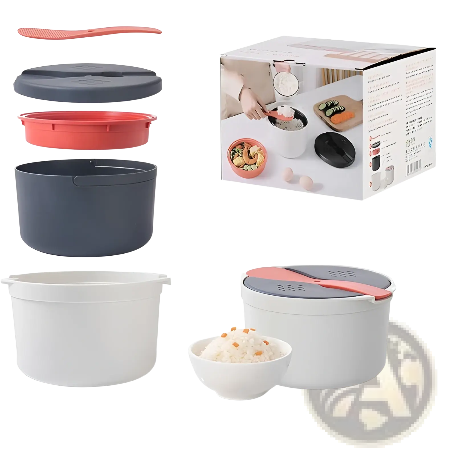 White microwave rice cooker with gray lid and coral-colored strainer spoon included for steaming and cooking rice