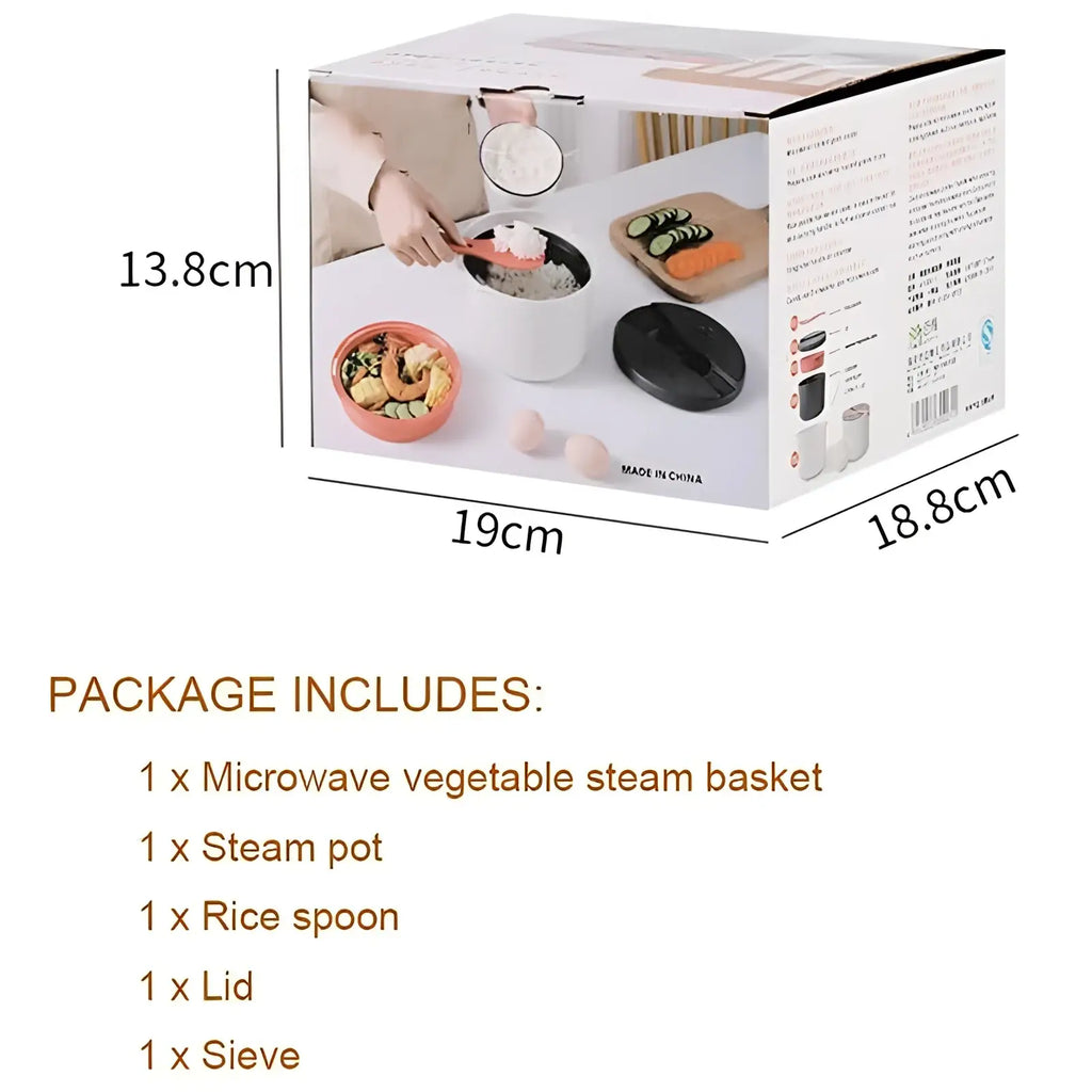 White microwave rice cooker 2l steamer with black lid, strainer spoon, and pot for healthy vegetable steaming