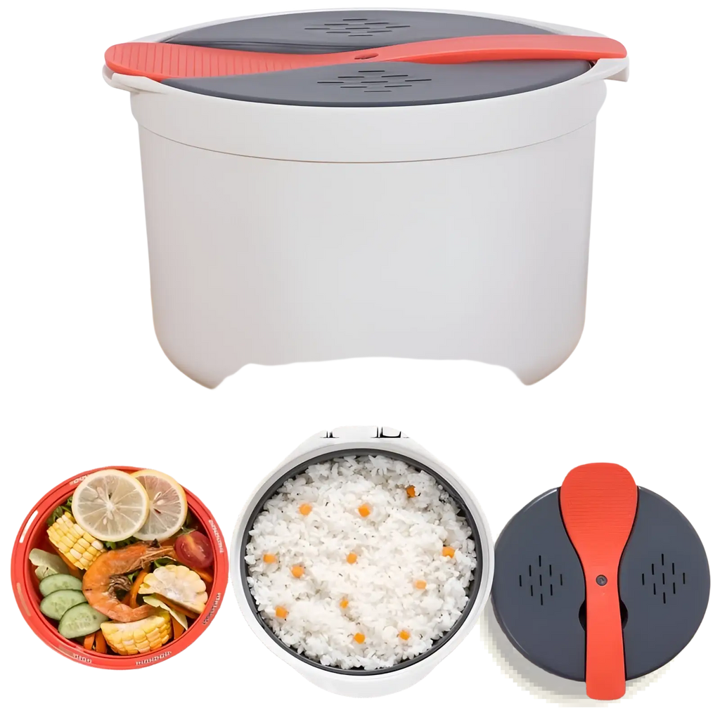 White rice cooker 2l steamer with gray lid orange handle and built-in spoon for microwave use with strainer function