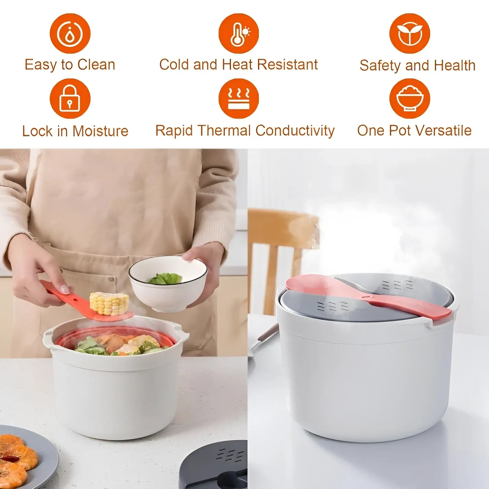 White electric microwave rice cooker 2l steamer with pink lid and red strainer spoon resting on top