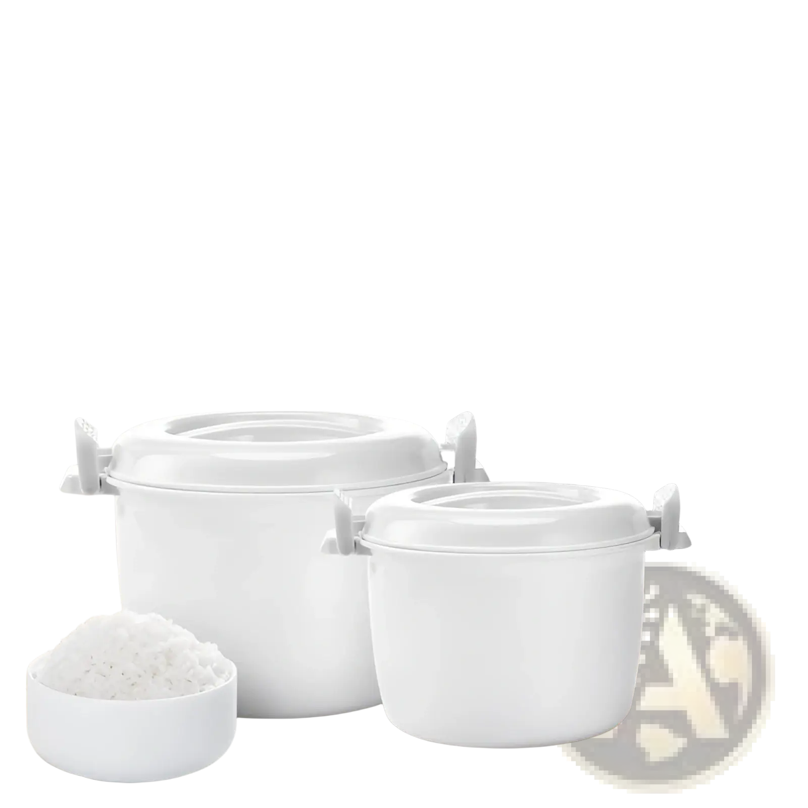 White microwave-safe rice cooker containers with handles and steamer lids displayed beside a white microwave