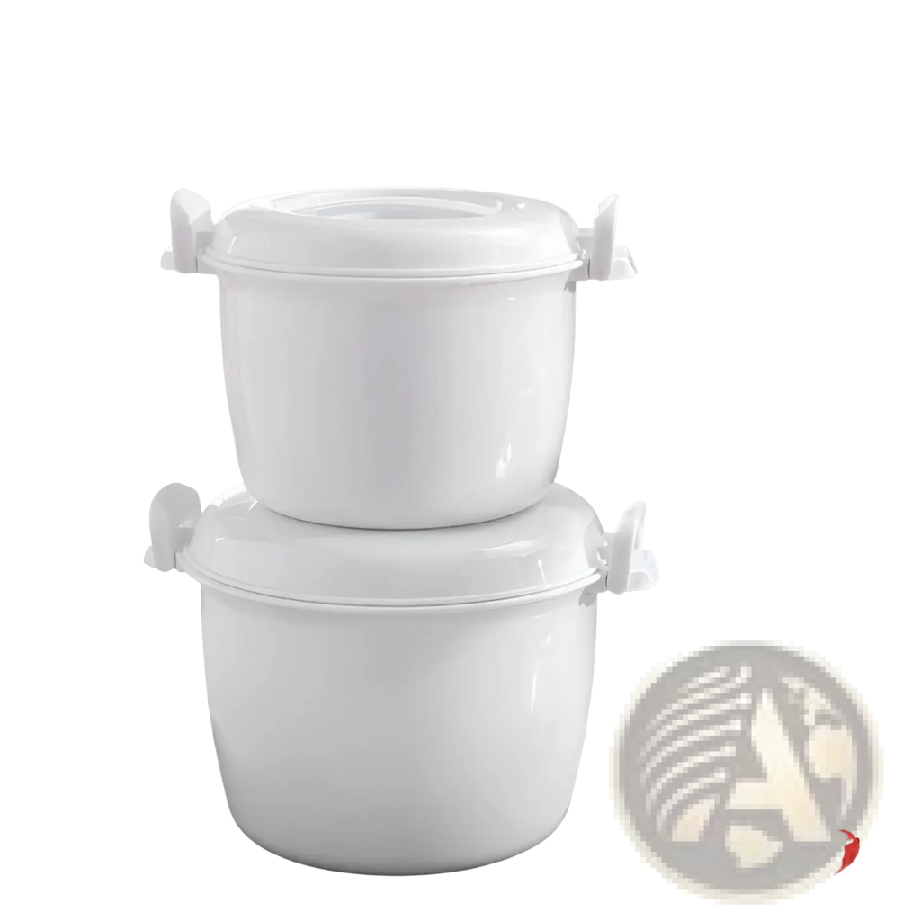 White plastic microwave rice cooker with steamer lid and side handles stacked one atop the other