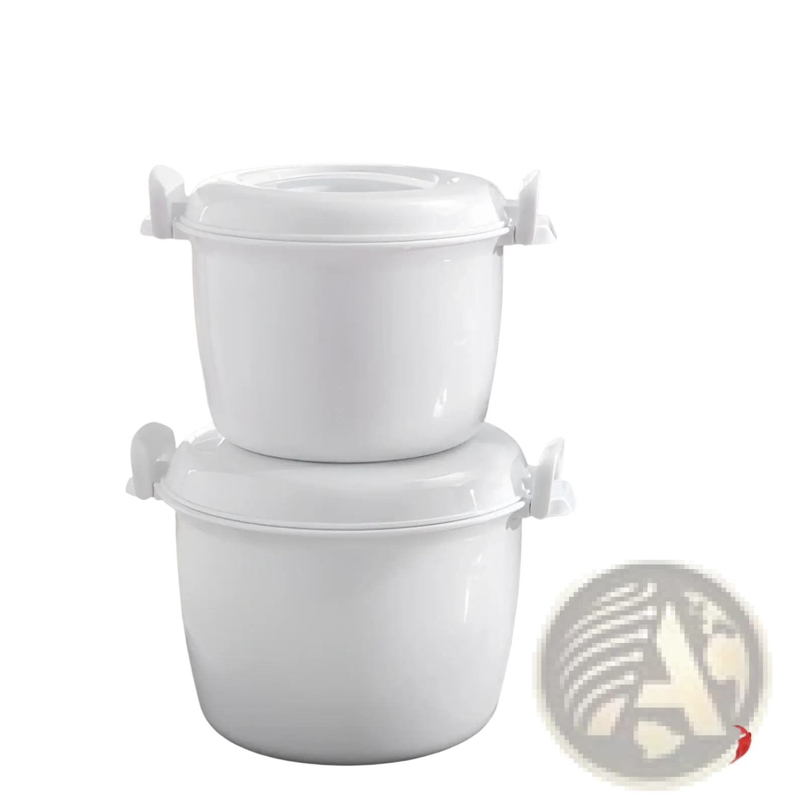 White plastic microwave rice cooker with steamer lid and side handles stacked one atop the other