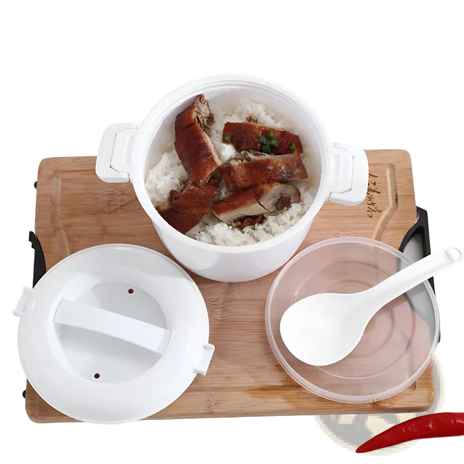 White plastic microwave rice cooker with steamer lid and handles filled with steamed white rice and sliced roasted duck