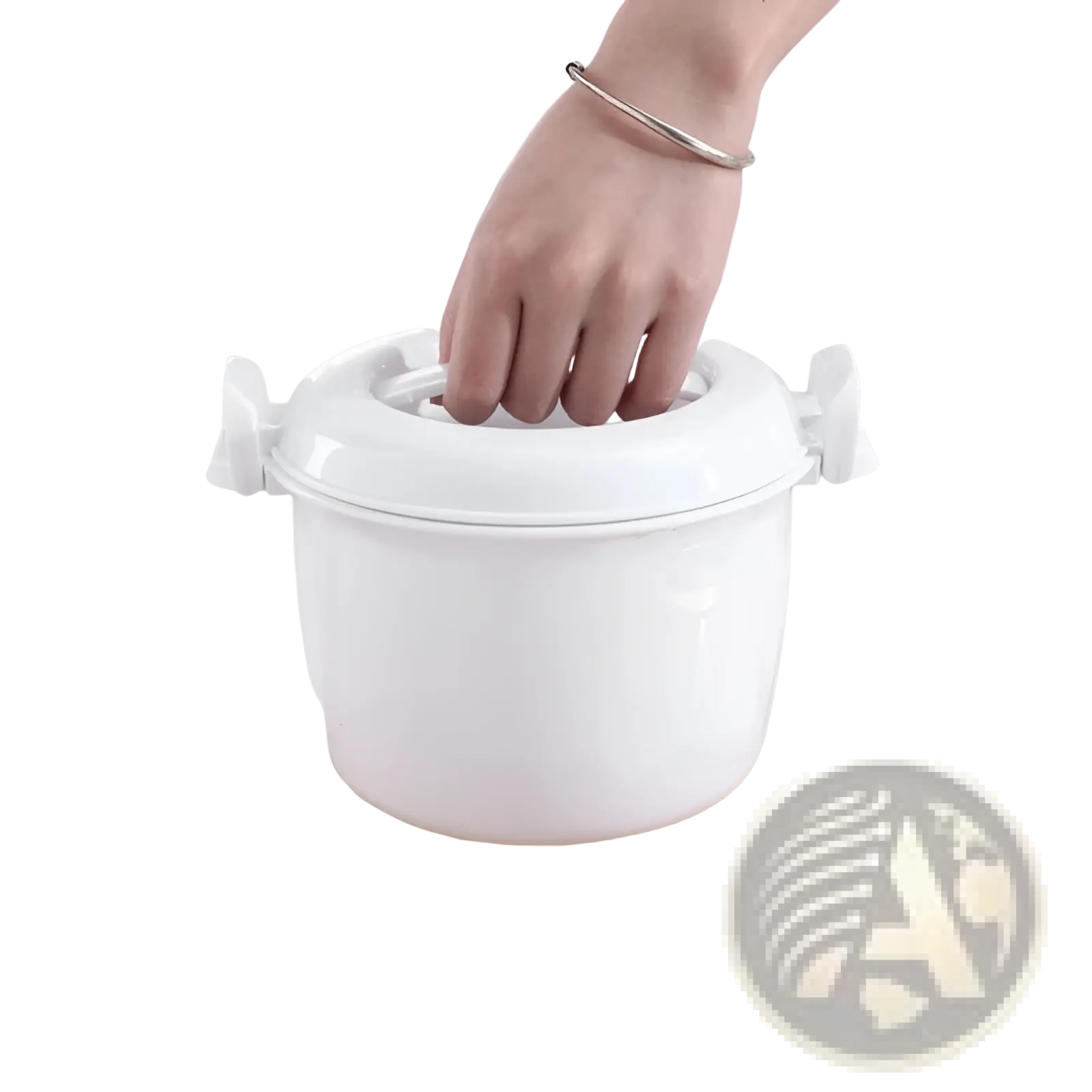 White ceramic microwave rice cooker with steamer lid and two side handles for convenient cooking