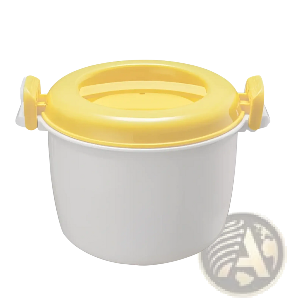 White plastic microwave rice cooker with bright yellow steamer lid and two side handles for easy use