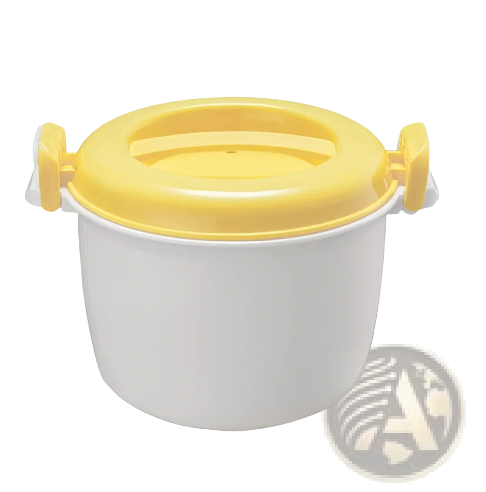 White plastic microwave rice cooker with bright yellow steamer lid and two side handles for easy use