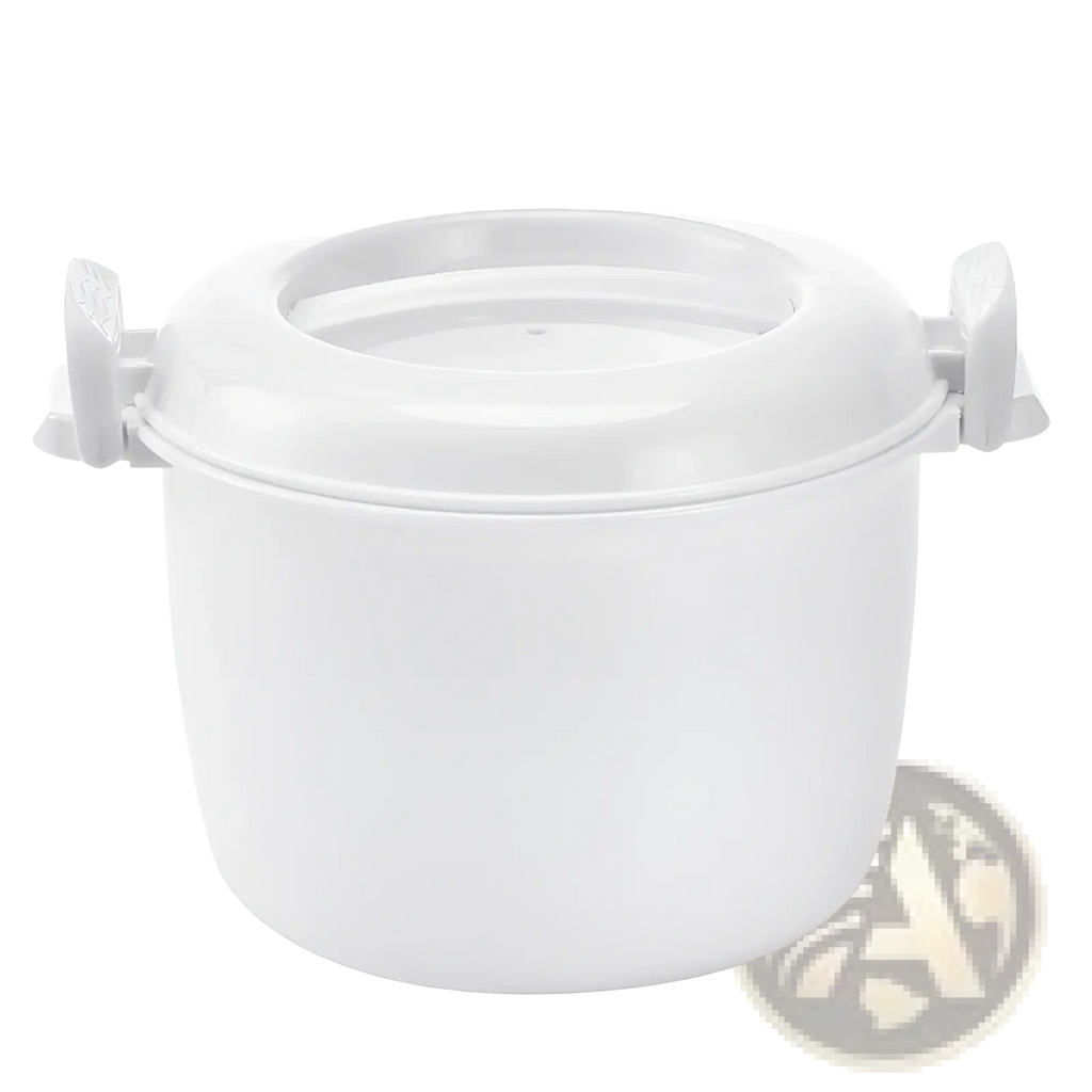 White plastic microwave rice cooker with steamer lid and two side handles for easy cooking and handling