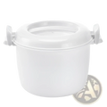 White plastic microwave rice cooker with steamer lid and two side handles for easy cooking and handling