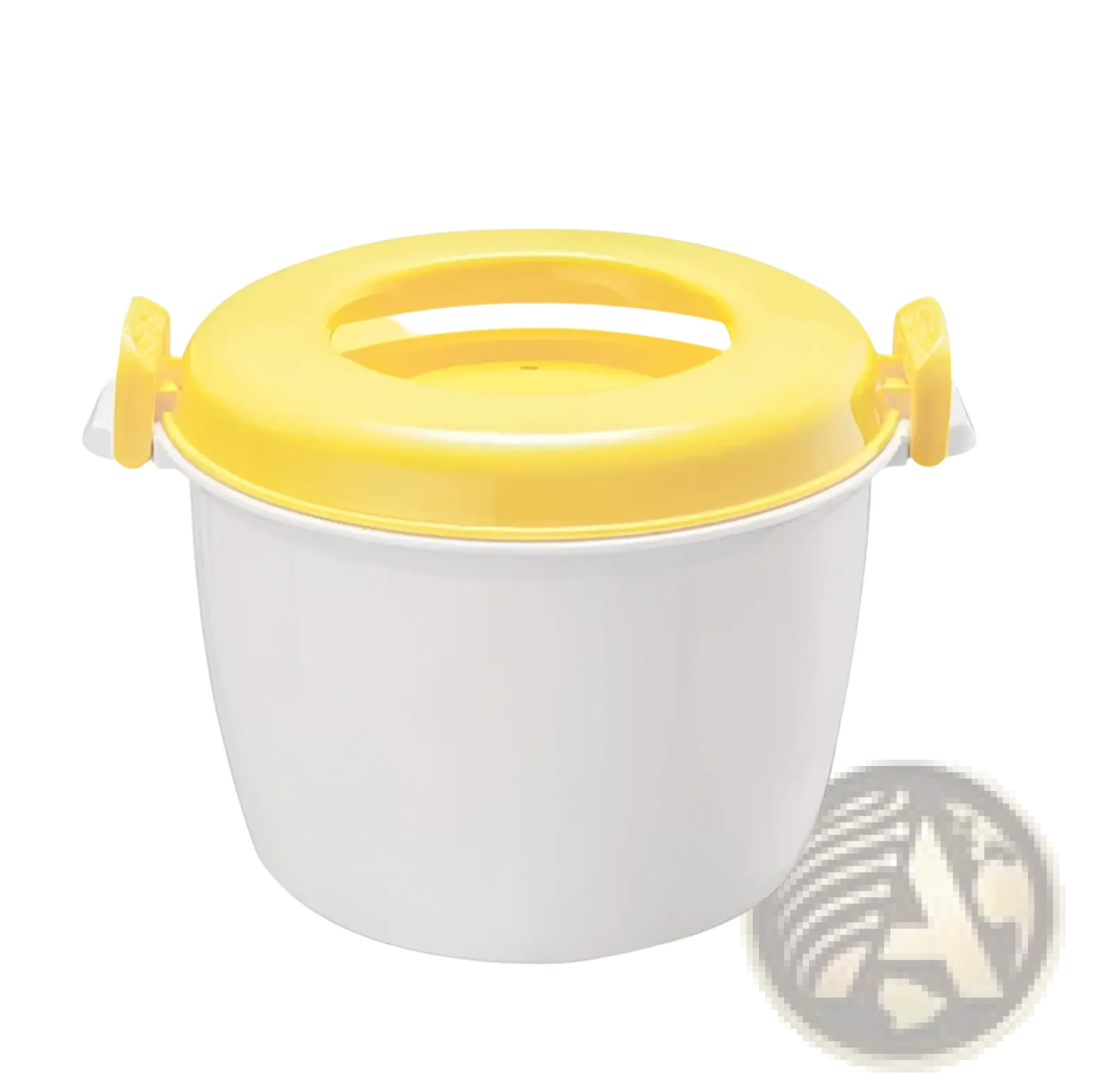 White plastic microwave rice cooker with bright yellow steamer lid and side handles for easy lifting