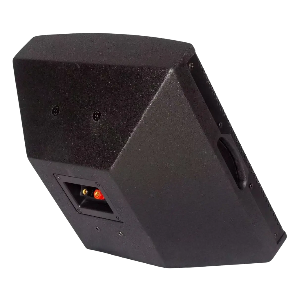 Black micwl 10 inch wall mounted conference speaker with textured angular enclosure and red gold binding posts back view
