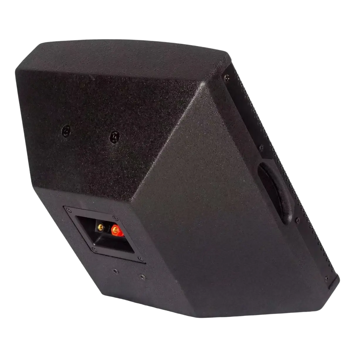 Black micwl 10 inch wall mounted conference speaker with textured angular enclosure and red gold binding posts back view