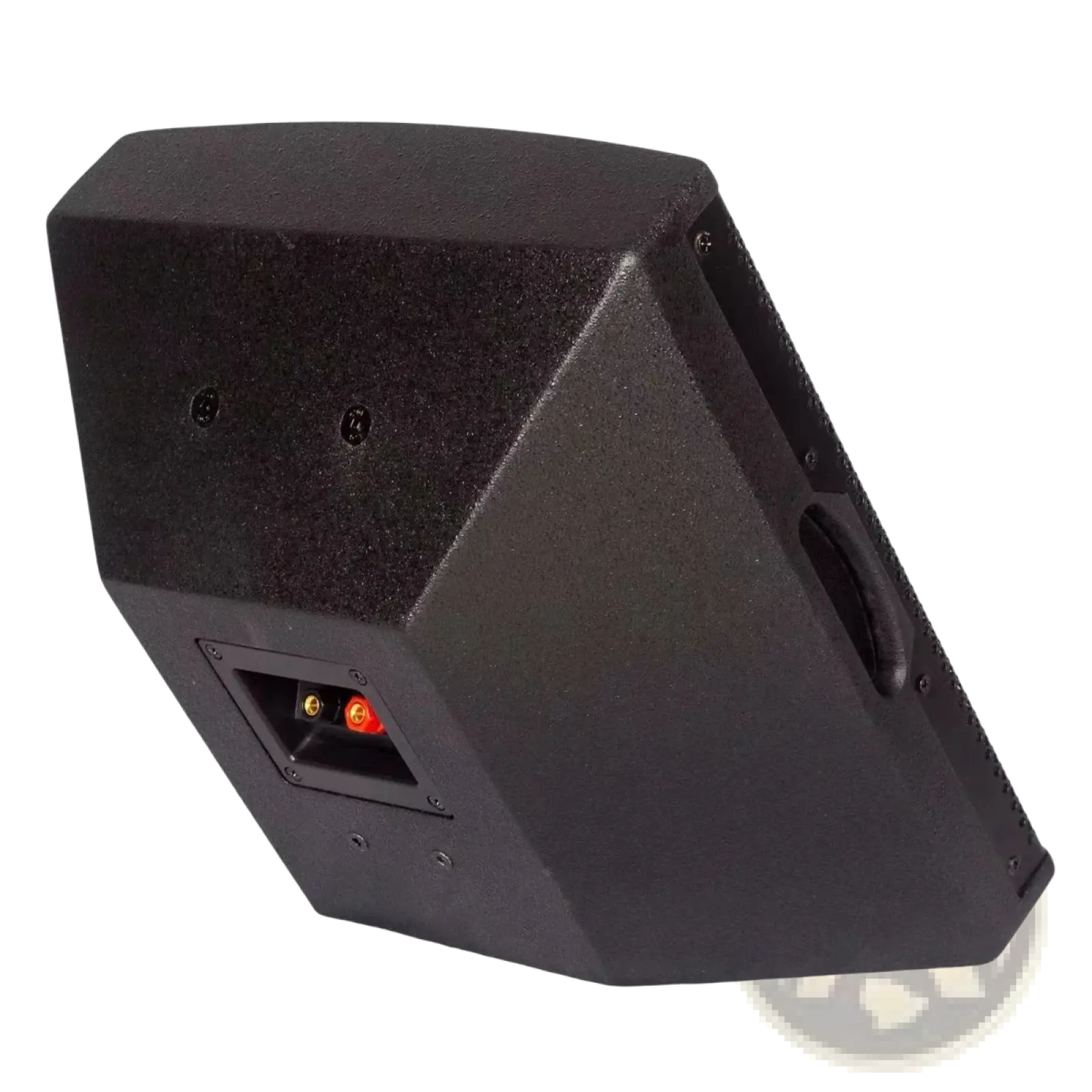 Black micwl 10 inch wall mounted conference speaker with textured angular enclosure and red gold binding posts back view