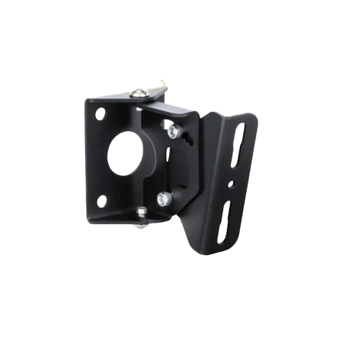 Black metal wall-mounted shelf with adjustable angles and circular mounting hole for micwl 10 inch conference speakers