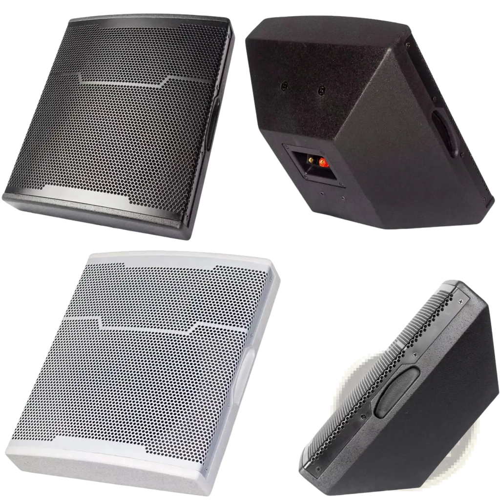 Black and white wedge-shaped micwl 10 inch wall mounted conference speakers with perforated grilles and angled design