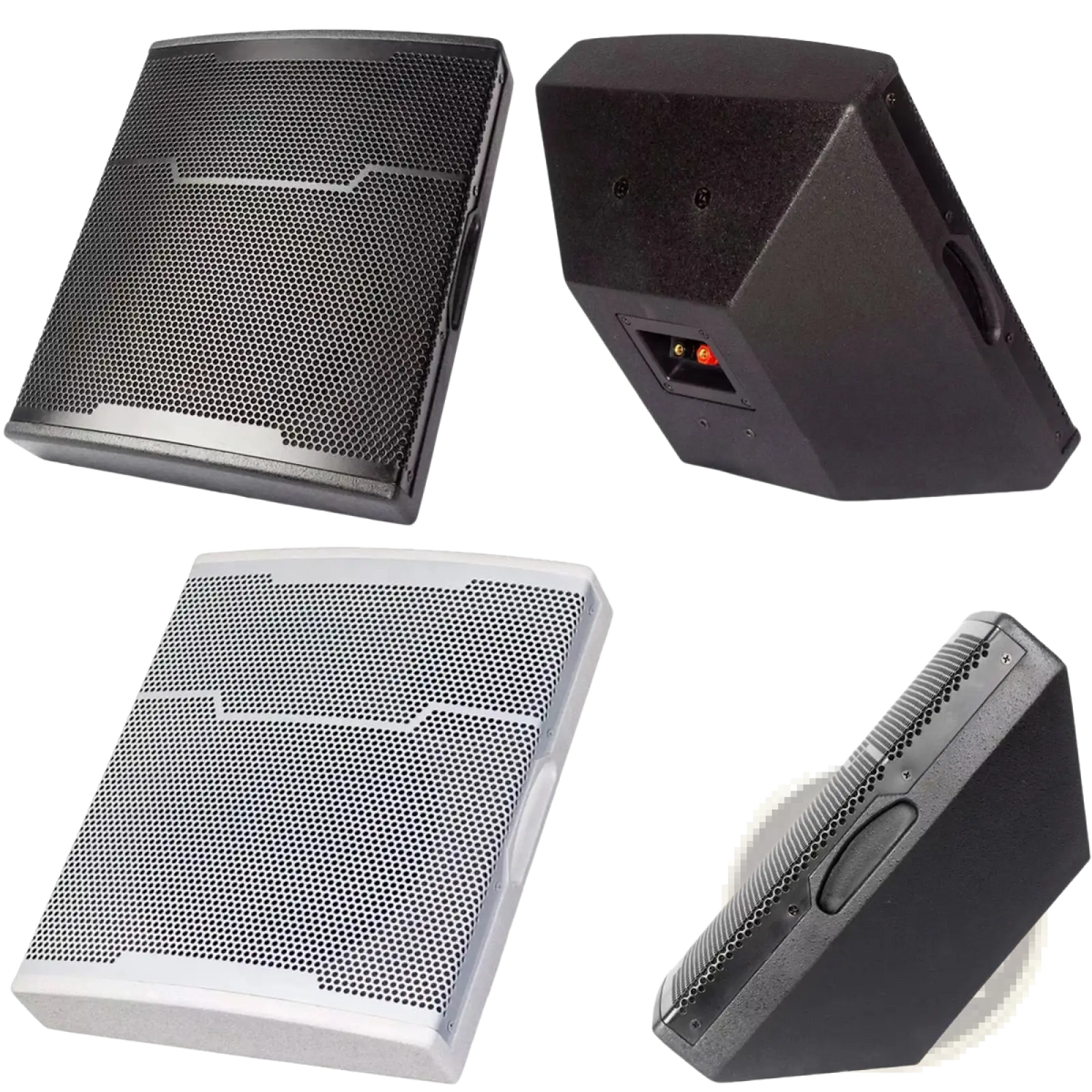 Black and white wedge-shaped micwl 10 inch wall mounted conference speakers with perforated grilles and angled design