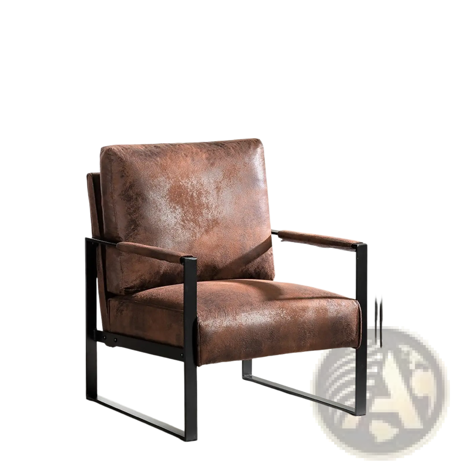 Mid century brown microfiber accent chair featuring a brown leather armchair with a black metal frame